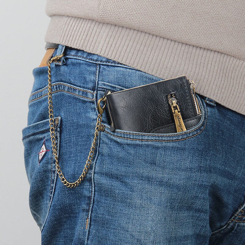Men‘s RFID Wallet with Chain, Retro Bifold Card Holder Purse